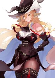  animal_ears aoi_tooru arknights bare_shoulders black_dress black_gloves black_pantyhose blonde_hair breasts closed_mouth covered_navel cowboy_shot degenbrecher_(arknights) degenbrecher_(the_shadow_of_the_dark_moon)_(arknights) dress elbow_gloves female gloves goat_ears goat_girl goat_horns hat highres horns horns_through_headwear large_breasts official_alternate_costume pantyhose simple_background solo thighs white_background witch_hat yellow_eyes 