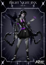  2024 black_dress black_necktie braid character_name cosplay disembodied_hand dress english_text female glowing glowing_eyes grey_background grin harimi_(harimizz) highres inktober jinx_(league_of_legends) league_of_legends long_hair necktie pink_eyes pink_shirt scar shirt shoes smile solo striped_clothes striped_dress teeth thing_(addams_family) twin_braids twintails very_long_hair wednesday_addams wednesday_addams_(cosplay) 