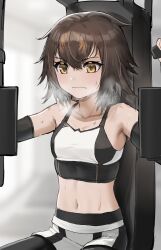  absurdres arknights bare_shoulders bird_girl breasts brown_hair closed_mouth collarbone compression_sleeve exercise_machine exercising female hair_between_eyes highres landl midriff multicolored_hair navel official_alternate_costume plume_(arknights) plume_(easy_time)_(arknights) short_hair sitting small_breasts solo sports_bra sweat two-tone_hair white_hair white_sports_bra yellow_eyes 