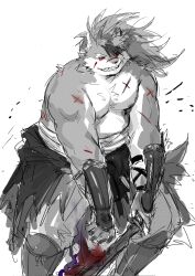  1boy bara belly commentary cross_scar furry furry_male hand_guard highres male_chest male_focus multiple_scars nipples plump ponytail red_eyes scar scar_on_face scar_on_nose shin_guards shino_(housamo) smile sword symbol-only_commentary tokyo_afterschool_summoners topless_male weapon white_background yan_(popcornduck2) 