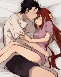  1boy bed_sheet black_hair black_shorts blush bright_pupils closed_mouth commentary couple female highres light_smile long_hair looking_at_another lying makise_kurisu okabe_rintarou on_side open_mouth pink_shirt purple_eyes red_hair shirt short_hair short_sleeves shorts steins;gate straight suehiroch0 t-shirt very_long_hair white_pupils white_shirt 