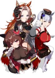  3girls absurdres animal_ears arm_up bare_shoulders black_gloves blunt_bangs boots bow bowtie breasts brown_hair cleavage clenched_hand dress ear_covers from_above gentildonna_(umamusume) gloves gold_ship_(umamusume) grey_hair grin hair_intakes highres horse_ears horse_girl large_breasts long_hair long_sleeves looking_at_viewer looking_up multiple_girls orange_hair orfevre_(umamusume) pillbox_hat purple_eyes red_bow red_bowtie red_dress red_eyes see-through_clothes shiromeshi_(humituki0730) simple_background single_ear_cover sleeveless sleeveless_dress smile umamusume white_background white_footwear white_gloves white_hair 