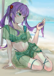  absurdres alternate_costume alternate_hairstyle beach bikini breasts cleavage collarbone commentary female full_body green_bikini green_eyes green_sarong highres holding holding_own_hair jin_(oihlf) link!_like!_love_live! long_hair love_live! navel otomune_kozue outdoors purple_hair sarong see-through_clothes see-through_sarong sidelocks sitting small_breasts solo stomach swimsuit twintails virtual_youtuber yokozuwari 