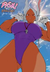  animal_ears artist_collaboration artist_name ass_visible_through_thighs blue_sky boku_no_hero_academia breasts cloud cloudy_sky colorized covered_abs covered_navel dark-skinned_female dark_skin female from_below gloves hands_up highres huge_breasts long_eyelashes long_hair looking_at_viewer mirko mirkosimps one-piece_swimsuit parallaxfused parted_bangs parted_lips purple_one-piece_swimsuit rabbit_ears rabbit_girl red_eyes sky solo swimsuit thick_thighs thighs toned_female twitter_username whistle whistle_around_neck white_gloves white_hair 