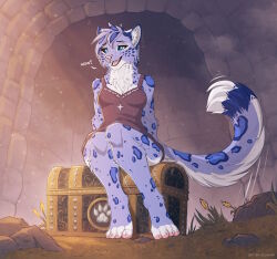  2024 4_toes anthro blue_body blue_eyes blue_fur blue_hair blue_spots breasts chest_(container) chest_tuft claws clothed clothing detailed_background dress_only feet felid female female_anthro footprint fur grass grey_body grey_fur grey_hair hair hi_res inner_ear_fluff khajiit light light_beam m&#039;ria_(maks_hunt) mammal markings microsoft motion_lines open_mouth open_smile pantherine pawpads pawprint plant rock short_hair silianor sitting sitting_on_container smile snow_leopard spots spotted_body spotted_fur stone_wall sunbeam sunlight tail teeth the_elder_scrolls toes tuft wall_(structure) white_claws 