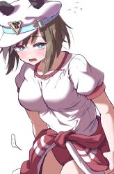  ... alternate_costume blue_eyes blush breasts brown_hair buruma cheval_grand_(umamusume) collarbone female hair_ornament hat highres horse_girl itosu200 looking_at_viewer medium_breasts medium_hair open_mouth solo sweat umamusume white_background 