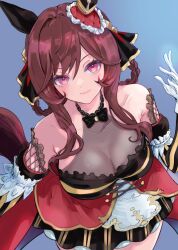  animal_ears bare_shoulders black_bow black_bowtie blue_background bow bowtie braid braided_hair_rings breasts brown_hair collarbone ear_covers female gentildonna_(umamusume) gloves hair_between_eyes hair_rings heart-shaped_ornament heart_ear_ornament highres horse_ears horse_girl large_breasts looking_at_viewer red_eyes signature simple_background solo umamusume white_gloves zazatt_(tanpopo77chi) 