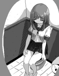  bathroom closed_eyes collarbone feet_out_of_frame hamsterfragment lowres monochrome necktie original panties panty_pull pleated_skirt school_uniform serafuku shirt short_hair sitting skirt suicidal_girl_(hamsterfragment) toilet toilet_paper toilet_use underwear white_panties 