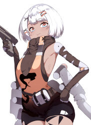  absurdres alternate_costume bandaged_arm bandages black_bandages blue_eyes breasts dark-skinned_female dark_skin female freckles gun hair_ornament highres holding holding_gun holding_weapon joints looking_at_viewer mechabare mechanical_arms medium_hair orange_eyes punishing:_gray_raven robot_joints small_breasts solo sophia_(pgr) takashi_san two-tone_eyes weapon white_hair x_hair_ornament 