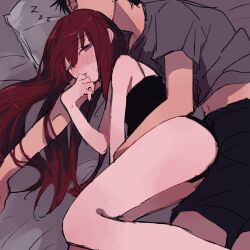  1boy bed_sheet black_hair black_shorts blush commentary_request couple female grey_shirt half-closed_eyes highres long_hair lying makise_kurisu nose_blush okabe_rintarou on_side pillow purple_eyes red_hair shirt short_hair shorts steins;gate straight suehiroch0 sweat t-shirt 