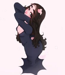  1girls anthro black_dress black_eyes black_hair dress female female_only halloween hands_behind_head heart-shaped_pupils hi_res long_dress long_hair looking_at_viewer mole mole_on_breast mole_under_mouth nada_(nadacheruu) nadacheruulewd pink_body simple_background small_breasts smiling smiling_at_viewer solo sparkles suina sus_(pig) thick_ass thick_eyebrows thick_thighs viewed_from_above witch_costume 