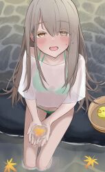  :o bikini bikini_under_clothes blush breasts brown_hair female gakuen_idolmaster green_bikini highres idolmaster leaf long_hair looking_at_viewer maple_leaf orange_eyes see-through_clothes see-through_shirt see-through_silhouette shinosawa_hiro shirt sitting slime_senpai small_breasts soaking_feet solo straight_hair sweat swimsuit very_long_hair white_shirt 