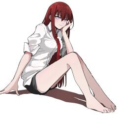  barefoot black_shorts closed_mouth collared_shirt commentary_request female full_body highres light_smile long_hair looking_at_viewer makise_kurisu necktie purple_eyes red_hair red_necktie shirt shorts simple_background sitting sleeves_rolled_up solo steins;gate suehiroch0 white_background white_shirt 