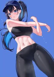  absurdres ass_visible_through_thighs baseball_cap black_pants black_sports_bra blue_background blue_eyes blue_hair blue_hat breasts colored_inner_hair earrings female hat highres himeliofon hololive hololive_english jewelry long_hair midriff multicolored_hair navel ouro_kronii pants ponytail solo sports_bra sportswear sweat toned virtual_youtuber yoga_pants 