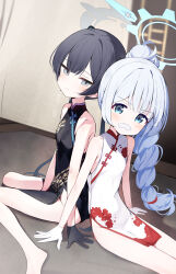  2girls absurdres black_dress black_hair blue_archive blue_eyes blue_halo braid braided_bun braided_ponytail cherino_(blue_archive) cherino_(qipao)_(blue_archive) china_dress chinese_clothes double_bun dragon_print dress fake_facial_hair fake_mustache floral_print_dress grey_eyes grey_halo hair_bun halo highres kisaki_(blue_archive) long_hair looking_at_viewer multiple_girls no_mustache official_alternate_costume pelvic_curtain print_dress sleeveless_turtleneck_dress smile white_dress white_hair yamada_auto 