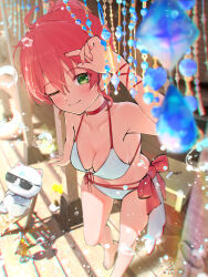  35p_(sakura_miko) ahoge aisu_(aicetkr) alternate_costume barefoot beach_chair bikini bow breasts cleavage curtains female halterneck highres hololive large_breasts lifebuoy navel one_eye_closed pink_hair sakura_miko side-tie_bikini_bottom smile solo string_bikini sunglasses swim_ring swimsuit virtual_youtuber water_drop white_bikini 