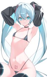  absurdres ahoge aqua_eyes aqua_hair armpits arms_behind_head arms_up bikini black_bikini black_choker black_thighhighs breasts choker commentary_request crossed_bangs detached_sleeves female hatsune_miku highleg highleg_bikini highres long_hair looking_at_viewer micro_bikini navel number_tattoo pubic_tattoo simple_background skindentation small_breasts solo stomach string_bikini sumi_(mizuoisiiii) swimsuit tattoo thighhighs twintails very_long_hair vocaloid white_background 