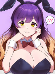  alternate_costume animal_ears arched_bangs bare_shoulders black_hairband blonde_hair breasts cheek_rest cleavage closed_mouth commentary_request curled_fingers dot_nose eyebrows_hidden_by_hair eyelashes female gradient_hair hair_between_eyes hairband hand_on_own_cheek hand_on_own_face highres hijiri_byakuren kisaragi_koushi large_breasts light_blush long_hair looking_at_viewer multicolored_hair partial_commentary playboy_bunny purple_background purple_hair rabbit_ears simple_background smile solo spoken_blush tareme touhou upper_body yellow_eyes 