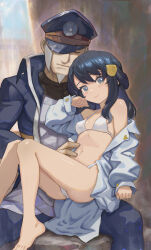  1boy akari_(pokemon) barefoot bikini black_coat black_hair black_hat black_pants closed_mouth coat commentary_request eyelashes facial_hair female goatee grey_eyes grey_hair hair_ornament hairclip hand_up hat ingo_(pokemon) knees_together_feet_apart long_hair long_sleeves looking_at_viewer on_lap pants pokemon pokemon_legends:_arceus sideburns sidelocks smile swimsuit toes white_bikini yugen99 