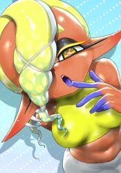  blue_background breasts close-up colored_tongue crop_top cross-shaped_pupils dark-skinned_female dark_skin dotted_background dotted_line ear_piercing female frye_(splatoon) green_hair green_tank_top hair_over_one_eye highres koharu2.5 leaning_forward licking licking_finger looking_at_viewer medium_breasts multiple_piercings navel orange_pupils pants piercing pointy_ears purple_tongue splatoon_(series) symbol-shaped_pupils tank_top tentacle_hair white_pants yellow_eyes 