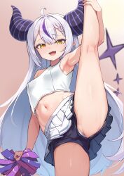  absurdres ahoge alternate_costume armpits braid cheerleader crop_top female grey_hair highres hololive horns katoshseisou la+_darknesss long_hair looking_at_viewer midriff miniskirt navel open_mouth panties pantyshot pointy_ears pom_pom_(cheerleading) purple_hair shorts skirt smile solo standing standing_on_one_leg sweat underwear very_long_hair virtual_youtuber white_panties yellow_eyes 