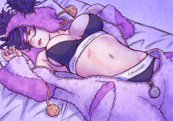  black_nails black_panties black_sports_bra breasts calvin_klein delarocha82 drooling female hair_through_hood highres juri_han large_breasts lying multicolored_hair navel oerba_yun_fang official_alternate_costume official_alternate_hairstyle on_back onesie open_mouth panties sleeping solo sports_bra stomach street_fighter street_fighter_6 twintails underwear unzipped zipper_pull_tab 