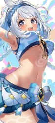  :d armpits arms_up bare_shoulders blue_hairband body_markings braid breasts brown_eyes commentary_request cowboy_shot female fish-shaped_pupils from_below genshin_impact grey_hair hairband highres i_my_more long_hair looking_at_viewer mualani_(genshin_impact) navel open_mouth simple_background smile solo stomach twin_braids underboob white_background 