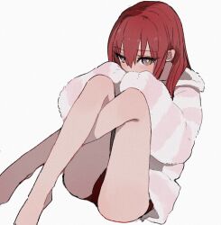  bare_legs barefoot bright_pupils commentary covering_own_mouth crossed_legs feet_out_of_frame female hair_between_eyes highres jacket long_hair long_sleeves looking_at_viewer makise_kurisu multicolored_eyes red_hair simple_background sitting solo steins;gate striped_clothes striped_jacket suehiroch0 white_background white_pupils 