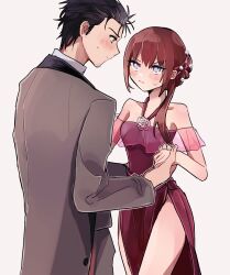  1boy bare_shoulders black_hair black_jacket blush breasts closed_mouth commentary cowboy_shot dress eye_contact facial_hair female furrowed_brow hair_bun highres jacket long_hair looking_at_another makise_kurisu off-shoulder_dress off_shoulder okabe_rintarou purple_eyes red_dress red_hair short_hair simple_background small_sweatdrop standing steins;gate straight stubble suehiroch0 white_background 