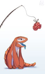  2022 4_eyes airfly-pony feral fishing_rod hi_res lizard_doggo male multi_eye open_mouth paleberry_(satisfactory) simple_background sitting solo tongue tongue_out white_background 