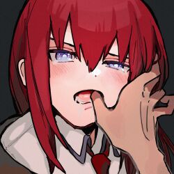  1other black_background blush collared_shirt commentary drooling female hair_between_eyes half-closed_eye hand_in_another&#039;s_mouth highres long_hair looking_at_viewer makise_kurisu necktie open_mouth portrait pov red_hair red_necktie shirt sidelocks simple_background steins;gate suehiroch0 tearing_up tears tongue white_shirt 