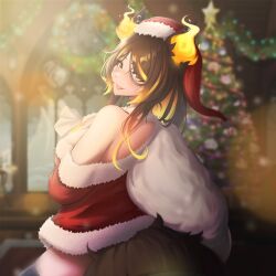  :p absurdres animal_ears black_thighhighs blonde_hair blurry blurry_background breasts brown_hair christmas_tree clero_(viprimo) dress earrings female fiery_ears fur-trimmed_dress fur-trimmed_headwear fur_trim gradient_hair hair_between_eyes hat highres holding holding_sack indie_virtual_youtuber jewelry looking_at_viewer multicolored_hair orange_hair red_dress red_hat sack santa_dress santa_hat sinder_(vtuber) solo streaked_hair tail thighhighs tongue tongue_out virtual_youtuber wolf_ears wolf_girl wolf_tail yellow_eyes 