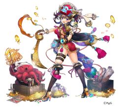  ass boots breasts brown_hair coin commentary_request dare_ga_tame_no_alchemist female full_body globe gold_coin hat high_heel_boots high_heels holding holding_sword holding_weapon looking_at_viewer looking_back octopus official_art open_mouth pirate_hat purple_eyes red_hat scroll second-party_source shenmei_(dare_ga_tame_no_alchemist) short_sword simple_background solo standing sword tearing_up teeth thigh_strap upper_teeth_only weapon white_background 