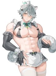  1boy abs alhaitham_(genshin_impact) alpaitham animal_ears aqua_eyes aqua_hair bikini black_bikini black_bow black_gloves black_sleeves blush bow closed_mouth fingerless_gloves frilled_bikini frills genshin_impact gloves grey_hair grey_tail hair_between_eyes highres leopard_boy leopard_ears leopard_tail looking_at_viewer maid maid_bikini male_focus multicolored_hair muscular muscular_male short_hair solo swimsuit tail unconventional_maid white_background white_hair 