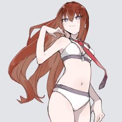  bra bright_pupils closed_mouth commentary cowboy_shot female grey_background hair_between_eyes hand_up highres light_smile long_hair looking_at_viewer makise_kurisu navel necktie panties purple_eyes red_hair red_necktie simple_background solo standing steins;gate suehiroch0 underwear very_long_hair white_bra white_panties white_pupils 