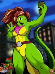  absurd_res anthro duo female food gesture hand_gesture hi_res male male/female mona_lisa_(tmnt) moon_pearl pizza reptile scalie selfie signature street succubi_samus suggestive teenage_mutant_ninja_turtles v_sign 