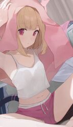  armpits blonde_hair blue_archive camisole commentary female highres hiroki_(yyqw7151) looking_at_viewer midriff momoi_(blue_archive) navel panties panties_under_shorts pink_eyes pink_shorts shorts sitting solo thighs towel towel_on_head underwear white_camisole white_panties 