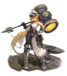  absurdres anvil arm_guards armor armored_boots bag black_overalls blonde_hair blush boots bra breasts brown_gloves closed_mouth commentary contrapposto english_commentary female floating_hair full_body geulemaen gloves greaves hair_between_eyes hammer hand_on_own_hip highres holding holding_hammer huge_weapon large_breasts long_hair looking_at_viewer mask original over_shoulder overalls poleyn simple_background single_strap smile solo standing tan tanlines underwear very_long_hair weapon weapon_over_shoulder white_background white_bra yellow_eyes 