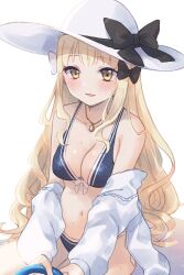  :d bare_shoulders bikini bikini_under_clothes black_bow blonde_hair blue_bikini bow brown_eyes collarbone commentary_request female gucchiann hairbow hat hat_bow highres jacket jewelry long_hair looking_at_viewer off_shoulder open_clothes open_jacket parted_lips pendant princess_connect! saren_(princess_connect!) saren_(real)_(princess_connect!) simple_background smile solo sun_hat swimsuit very_long_hair white_background white_hat white_jacket 