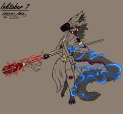  accessory anthro digital_media_(artwork) fur horn hunamarts inktober_2024 machine magic melee_weapon ogecular_(hunam) piercing polearm protogen solo spear visor weapon 