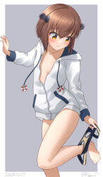  blue_one-piece_swimsuit blush border brown_eyes brown_hair collarbone dated female grey_background headgear hood hooded_jacket jacket kantai_collection long_sleeves old_school_swimsuit one-piece_swimsuit ray.s school_swimsuit short_hair signature solo speaking_tube_headset standing standing_on_one_leg swimsuit undressing unworn_swimsuit white_border white_jacket yukikaze_(kancolle) yukikaze_(swimsuit_mode)_(kancolle) 