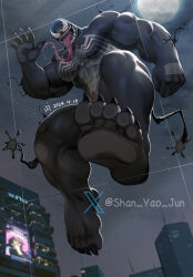  2024 alien alien_humanoid behind_glass big_muscles black_body bodily_fluids building city city_background claws emblem empty_eyes featureless_chest feet full_moon hi_res humanoid long_tongue looking_at_viewer looking_down looking_down_at_viewer male marvel moon muscular night not_furry open_mouth saliva shan_yao_jun sharp_teeth solo star symbiote teeth tendrils text toe_claws tongue tongue_out twitter venom_(marvel) x_logo 