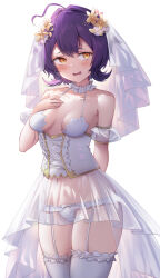  alternate_costume bra breasts bridal_veil bride chaun commentary_request corset female garter_straps highres hiiragi_utena mahou_shoujo_ni_akogarete navel open_mouth panties purple_hair short_hair showgirl_skirt simple_background small_breasts solo thighhighs underwear veil white_background white_bra white_corset white_panties white_thighhighs yellow_eyes 