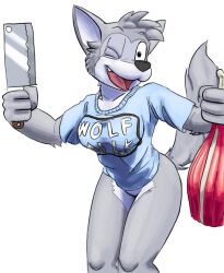  anthro ass big_breasts bitalie bone breasts butcher_knife canid canine canis clothing countershading facial_markings female food grey_body head_markings head_tuft hi_res holding_object housepets! invalid_tag knife lucretia_(housepets!) mammal markings mask_(marking) meat one_eye_closed pose shirt simple_background smile smiling_at_viewer solo thick_thighs topwear tuft white_background wink wolf 