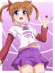  blue_eyes blush bow breasts brown_hair candy female food hairbow highres long_sleeves looking_at_viewer lyrical_nanoha mahou_shoujo_lyrical_nanoha midriff navel open_mouth purple_skirt red_bow red_shirt shirt skirt small_breasts smile solo takamachi_nanoha thighhighs twintails white_shirt white_thighhighs yosuzu 