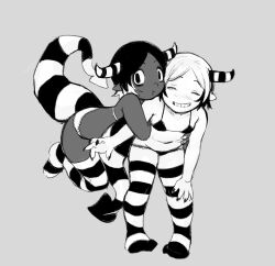  2_horns bovid_horn bra clothing demon demon_humanoid duo female gorarati greyscale hi_res horn humanoid legwear markings monochrome panties pattern_clothing pattern_legwear spade_tail striped_clothing striped_horn striped_legwear striped_markings striped_tail stripes tail tail_markings tailed_humanoid thigh_highs underwear whinnie_1 whinnie_2 