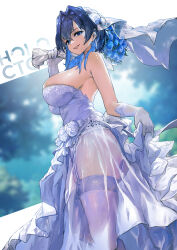  absurdres alternate_costume blue_eyes blue_flower blue_hair blue_rose bouquet breasts bridal_veil dress elbow_gloves english_commentary feet_out_of_frame female flower from_side garter_belt gloves grin hair_between_eyes hair_flower hair_intakes hair_ornament highres holding holding_bouquet hololive hololive_english jewelry large_breasts long_dress long_hair looking_at_viewer ouro_kronii rose see-through_clothes see-through_dress smile solo standing strapless strapless_dress thighhighs veil virtual_youtuber vyragami wedding_dress white_dress white_flower white_gloves white_rose white_thighhighs 