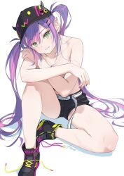  ammo21204760 baseball_cap bibi_(tokoyami_towa) black_footwear black_hat ear_piercing female green_eyes hat hololive horns long_hair looking_at_viewer multicolored_hair piercing pink_hair purple_hair shoes simple_background sitting sneakers solo streaked_hair tokoyami_towa tokoyami_towa_(1st_costume) topless twintails virtual_youtuber white_background 