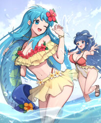  2girls absurdres bikini blue_eyes blue_hair blush bracelet braid breasts casual_one-piece_swimsuit cleavage commentary_request day eirika_(fire_emblem) eirika_(summer)_(fire_emblem) feet fire_emblem fire_emblem:_the_sacred_stones fire_emblem_heroes flower gonzarez hair_flower hair_ornament highleg highleg_bikini highleg_one-piece_swimsuit highres innertube jewelry large_breasts long_hair medium_breasts multiple_girls navel ocean off-shoulder_bikini off_shoulder official_alternate_costume one-piece_swimsuit one_eye_closed open_mouth outdoors pearl_bracelet red_bikini red_flower sandals see-through_clothes see-through_skirt skirt smile sparkle splashing standing standing_on_one_leg swim_ring swimsuit tana_(fire_emblem) tana_(noble_and_nimble)_(fire_emblem) teeth toes tongue twin_braids upper_teeth_only very_long_hair wading water white_one-piece_swimsuit yellow_bikini yellow_skirt 