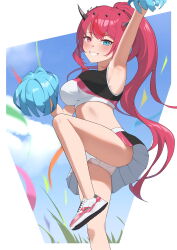  absurdres alternate_costume arm_up armpits black_skirt blue_eyes blush breasts cheerleader crop_top female halo heterochromia highres holding holding_pom_poms hololive hololive_english horns irys_(hololive) long_hair looking_at_viewer medium_breasts multicolored_hair pom_pom_(cheerleading) ponytail red_eyes red_hair shift_(shiftillust) shoes skirt smile sneakers solo star_halo two-tone_hair two-tone_skirt very_long_hair virtual_youtuber white_footwear white_skirt 